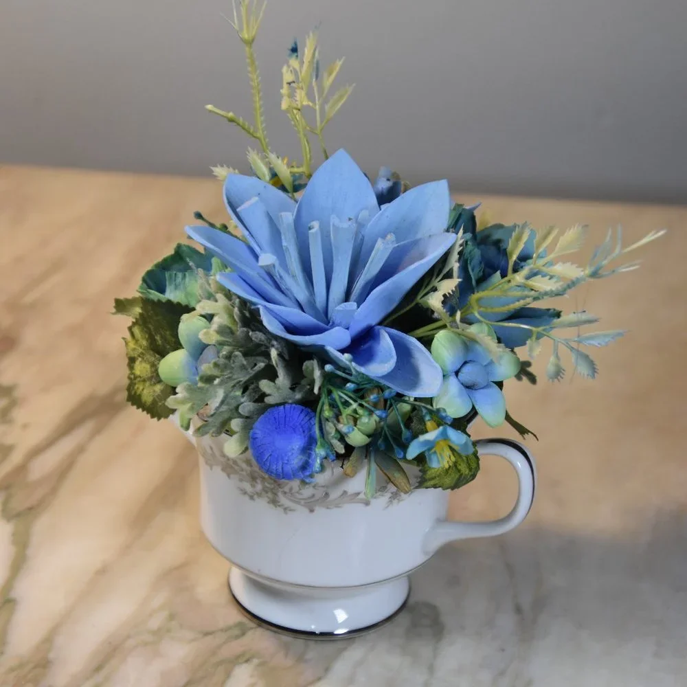Vintage Sango sugar bowl filled with Sola flowers airbrushed in soothing blues